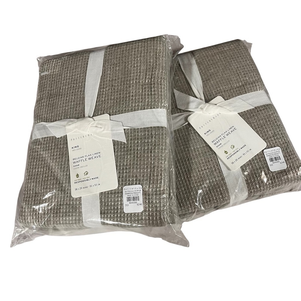 Pottery Barn NEW Set of Two Belgian Flax Linen Waffle Weave Pillow Shams King - Picture 8 of 10